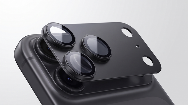 A black one-piece TORRAS CameraGo plate with glass lens windows lifting off the camera plateau of a black iPhone 18 Pro