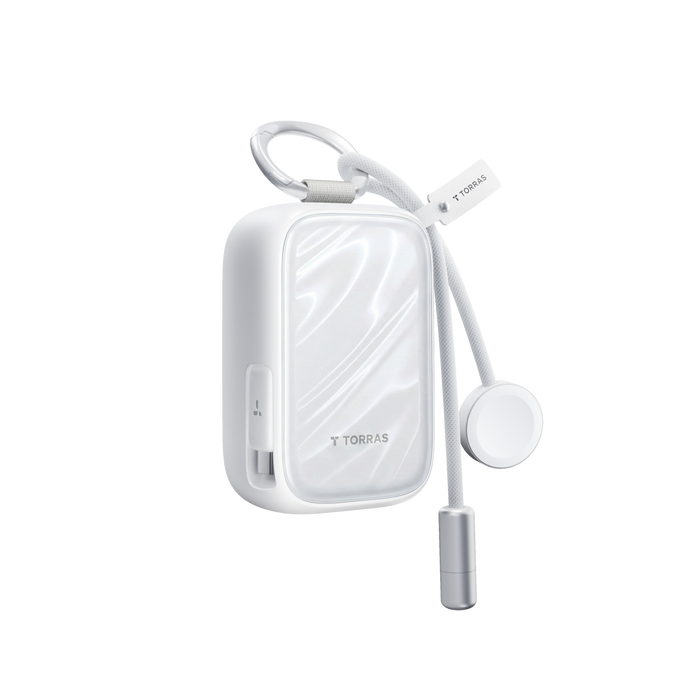 White PearlGo 10K power bank with attached cable and lanyard