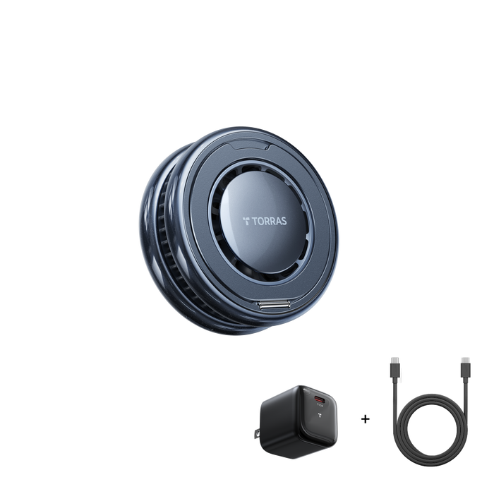 TORRAS PolarCircle Qi2 wireless charger in Obsidian Black shown with the included wall adapter and USB-C cable