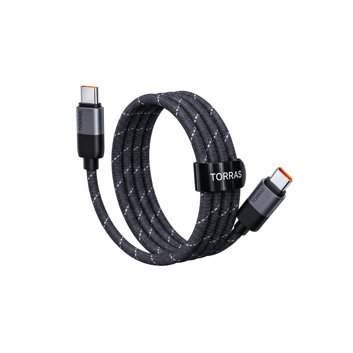 Black braided TORRAS NeoCable 60W USB-C to USB-C cable coiled with its hook-and-loop cable strap