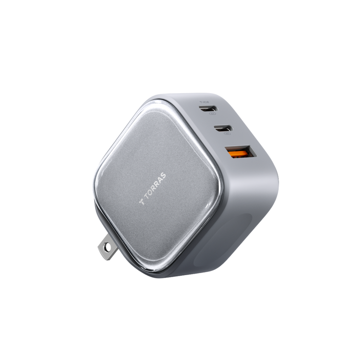 TORRAS IceCore 67W GaN fast charger in grey with foldable plug and three ports