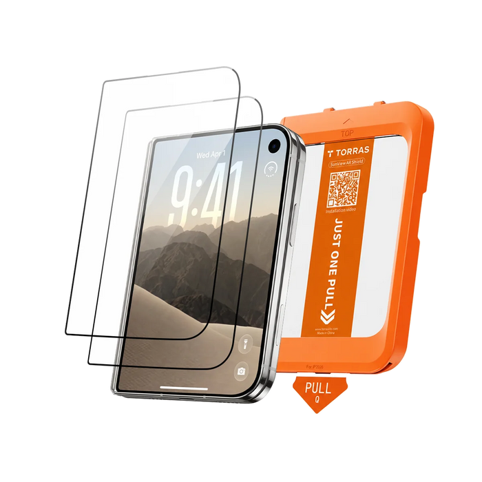 Two SunView AR protector sheets and the orange TORRAS Just One Pull installation frame beside the phone they fit