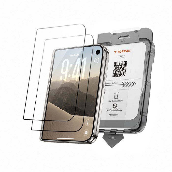 Two HD Shield protector sheets and the TORRAS one-pull installation frame beside the phone they fit