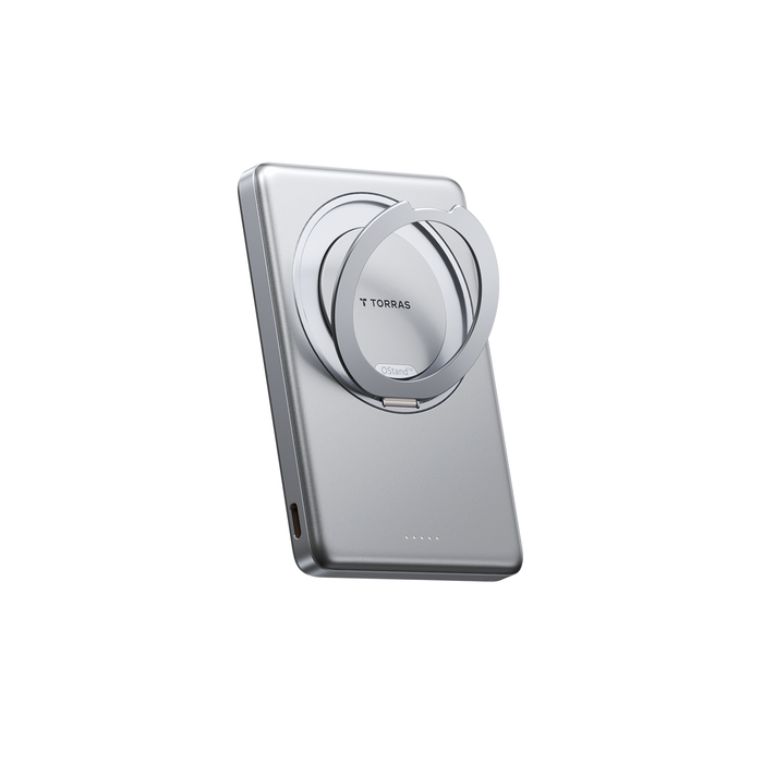 TORRAS MiniMag Ostand Power Bank 5k mAh in Grey with the kickstand folded out