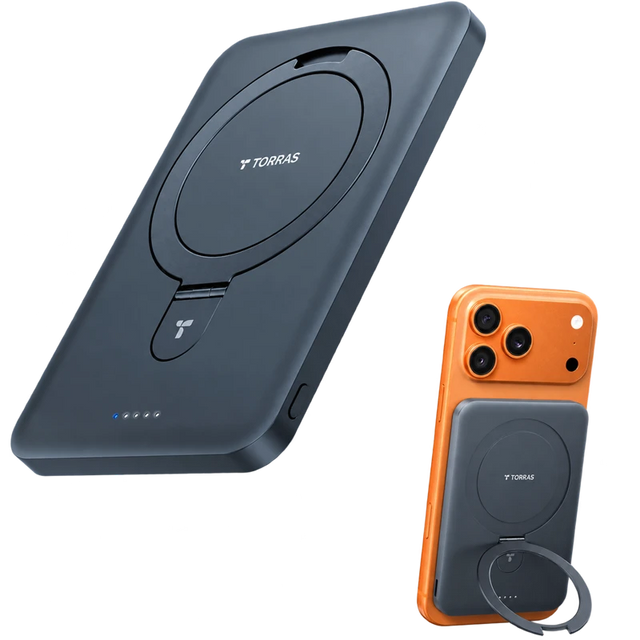 TORRAS EasyGo MagStand Power Bank with magnetic wireless charging, built-in O-Stand, and hands-free phone stand