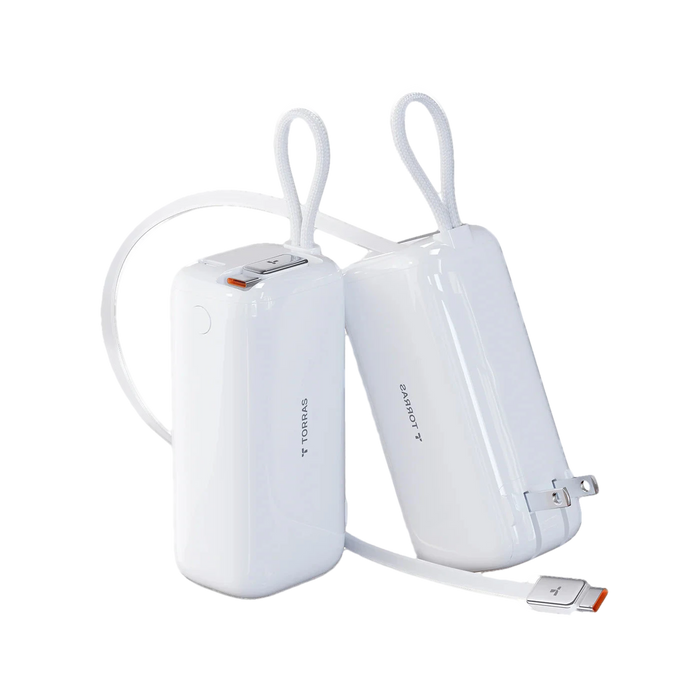 TORRAS EasyGo Pro 3-in-1 Power Bank with 45W fast charging, 10000mAh capacity, and built-in retractable cable