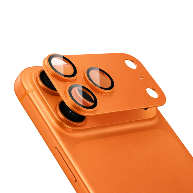 CameraGo lens protector rings fitted over the camera module of an orange iPhone