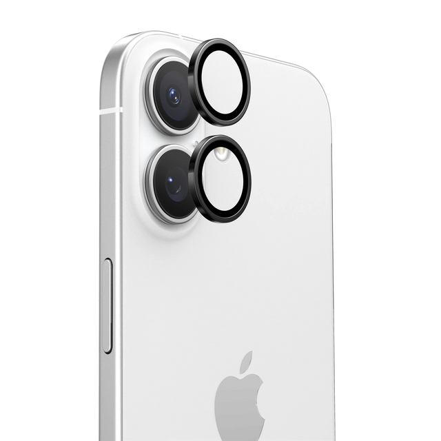 LensGuard lens protector rings fitted to the camera module of a white iPhone