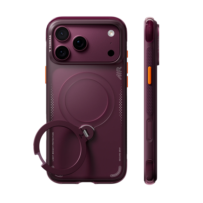 Cosmic Purple Ostand Q3 Air case on iPhone 18 Pro, back and side views: deep plum back, matching ring stand, orange side button