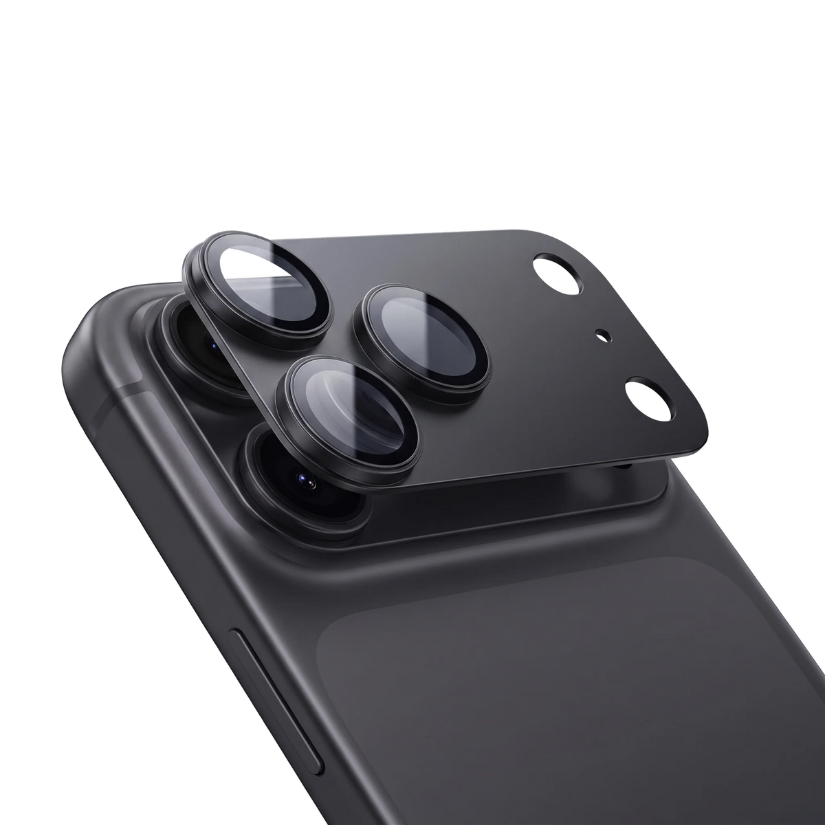 CameraGo one-piece lens protector floating above the camera module of a black iPhone 18 Pro