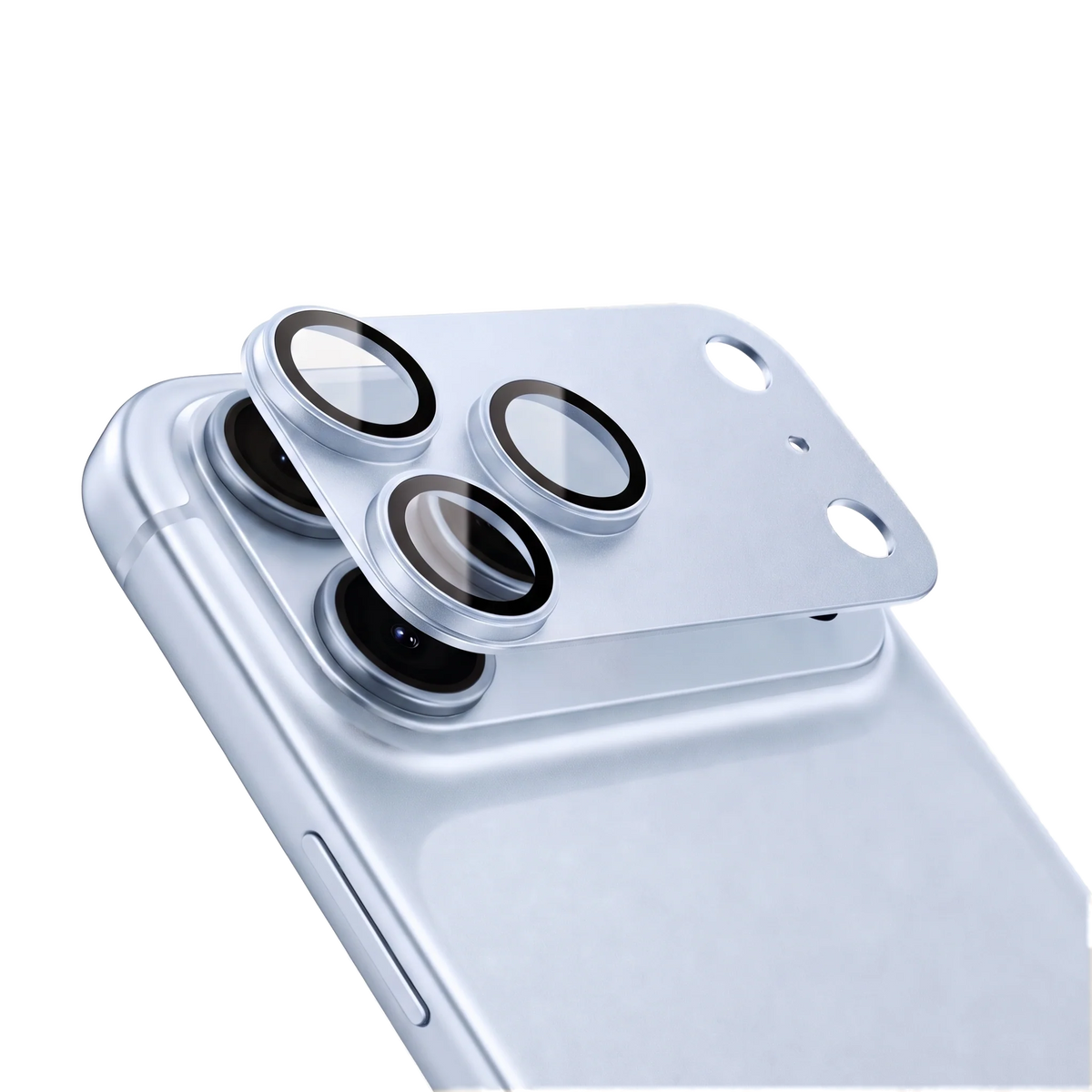 CameraGo one-piece lens protector floating above the camera module of an iPhone 18 Pro in Light Blue