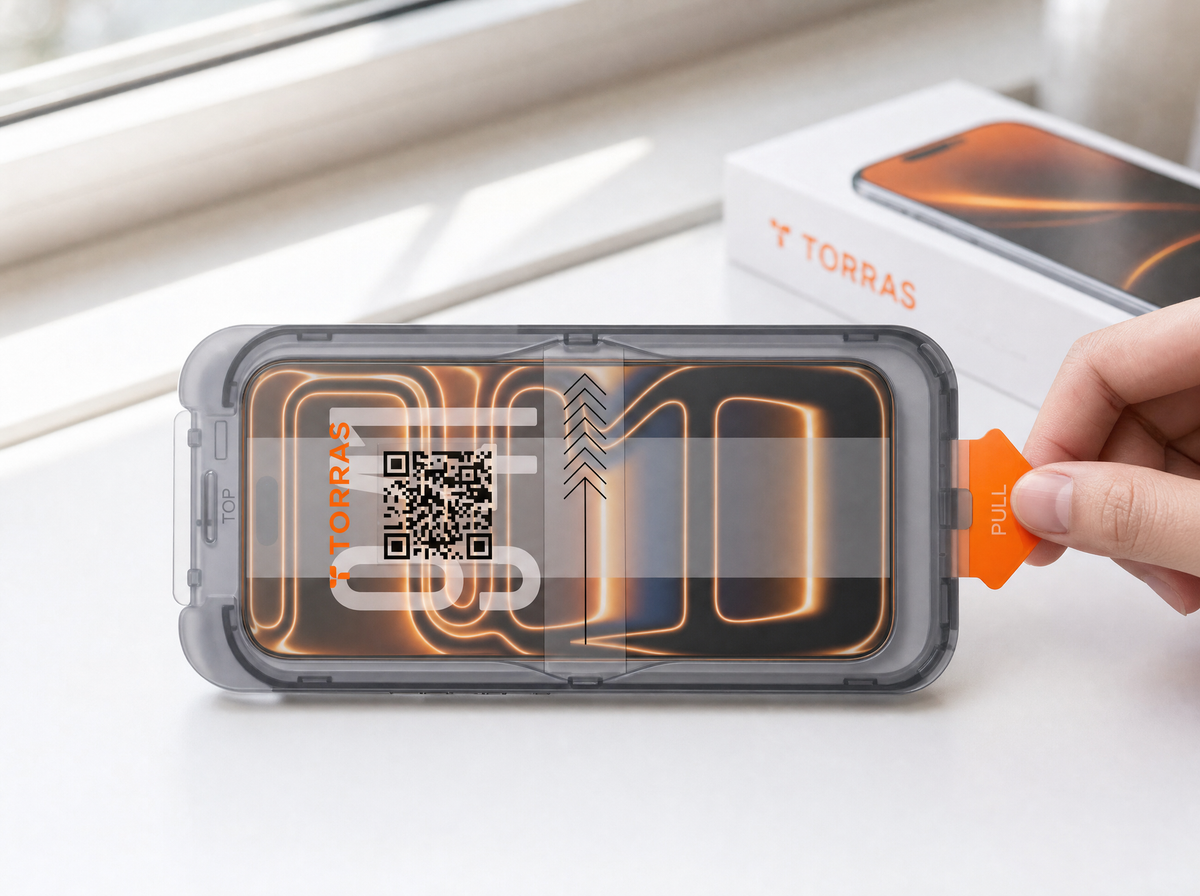 TORRAS SunView AR install — dust-free chamber tray with printed release liner and orange pull tab