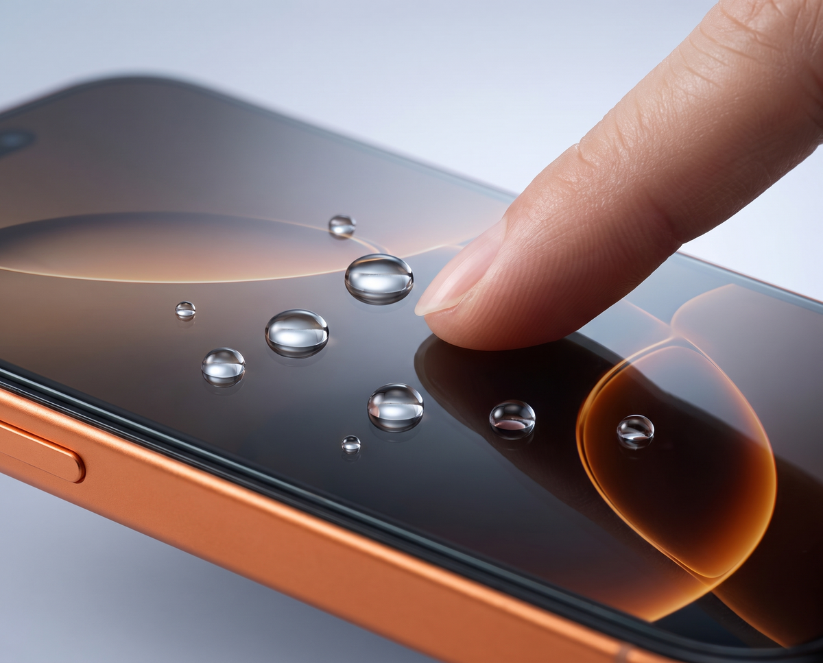 SunView AR oleophobic glass repelling water droplets, silky smooth touch