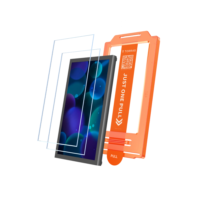 Nintendo Switch 2 screen protector shown exploded with its orange one-pull applicator frame