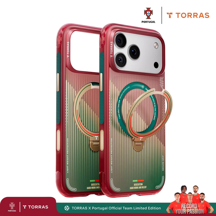 TORRAS x Portugal FPF case in red-to-green, shown with the federation crest, team lockup and a players photo