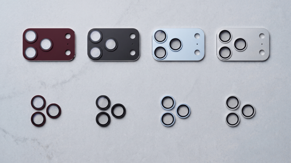 The full set of TORRAS iPhone 18 Pro camera lens protectors laid flat on grey stone: four one-piece CameraGo plates in Burgundy, Black, Glacier and Silver above four matching sets of three LensGuard lens rings