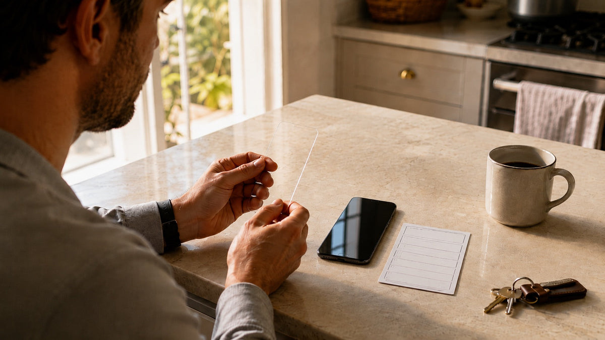 A shopper reading anti-reflective screen protector specifications beside a phone in a sunny American kitchen