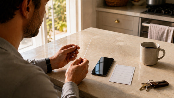 A shopper reading anti-reflective screen protector specifications beside a phone in a sunny American kitchen