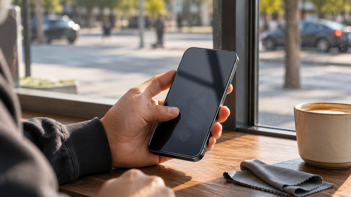 Phone used beside a bright cafe window with visible reflections and fingerprints on the screen
