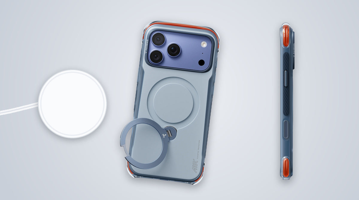 TORRAS Ostand Q3 Air Pro case on an iPhone 18 Pro lying face-down beside a round MagSafe-style charging puck, with the case's side profile shown on the right