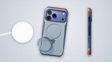 TORRAS Ostand Q3 Air Pro case on an iPhone 18 Pro lying face-down beside a round MagSafe-style charging puck, with the case's side profile shown on the right