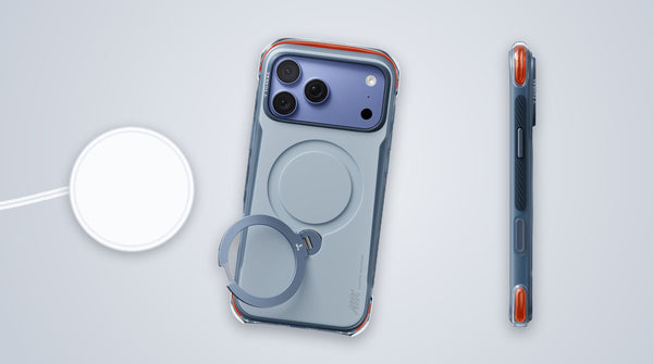 TORRAS Ostand Q3 Air Pro case on an iPhone 18 Pro lying face-down beside a round MagSafe-style charging puck, with the case's side profile shown on the right