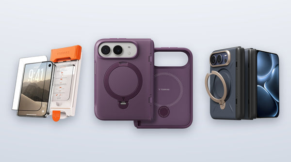An iPhone Duo outer-screen protector in its TORRAS install frame, the two pieces of a purple Ostand Q3 Spin case, and a Deep Blue Ostand Q3 VegSkin case with no front frame on an opened iPhone Duo