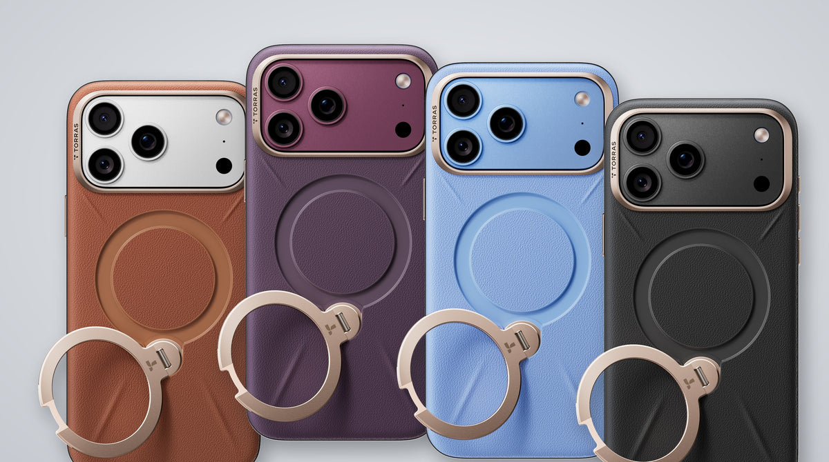 Four TORRAS Ostand Q3 VegSkin cases for iPhone 18 Pro Max in Amber Brown, Cloud Plum, Sky Frost and Obsidian Black, each with a gold ring stand