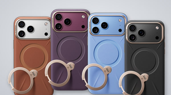 Four TORRAS Ostand Q3 VegSkin cases for iPhone 18 Pro Max in Amber Brown, Cloud Plum, Sky Frost and Obsidian Black, each with a gold ring stand