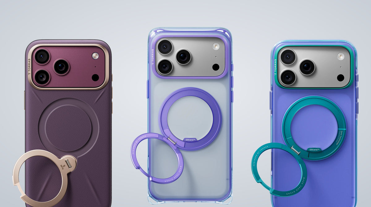 Three TORRAS Ostand cases on iPhone 18 Pro models, each with an open cutout and raised lip around the camera plateau