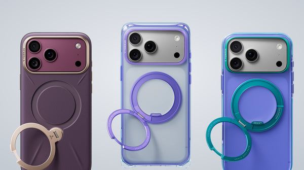 Three TORRAS Ostand cases on iPhone 18 Pro models, each with an open cutout and raised lip around the camera plateau