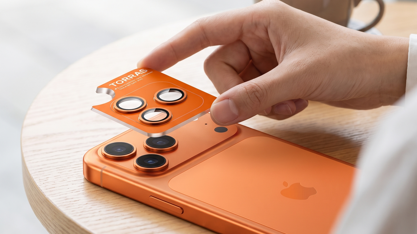 Installing TORRAS LensGuard lens protector rings on an iPhone 17 Pro Max in Cosmic Orange with the one-piece alignment applicator