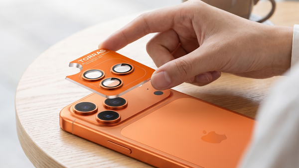 Installing TORRAS LensGuard lens protector rings on an iPhone 17 Pro Max in Cosmic Orange with the one-piece alignment applicator