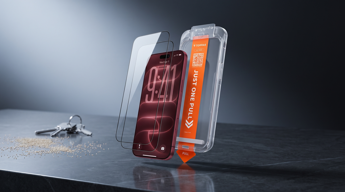 TORRAS HD Shield tempered glass sheets and install tray beside a Cherry Red iPhone on a graphite desk, with house keys and scattered sand grains in the background