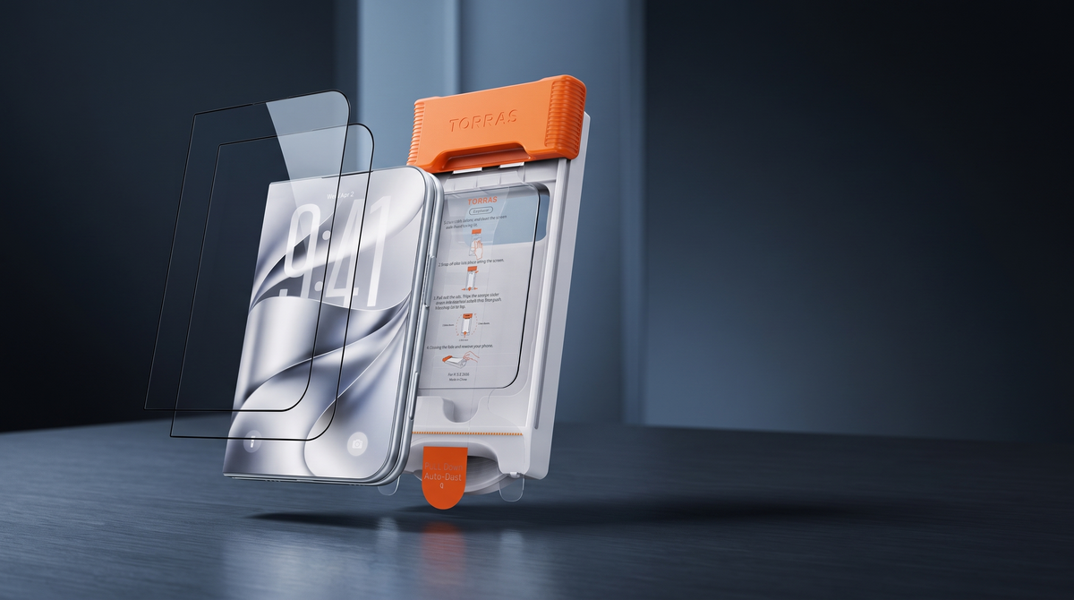 TORRAS OrigArmor AR glass sheets and one-pull install tray beside the folding iPhone Duo showing its cover display, in a blue-gray showroom