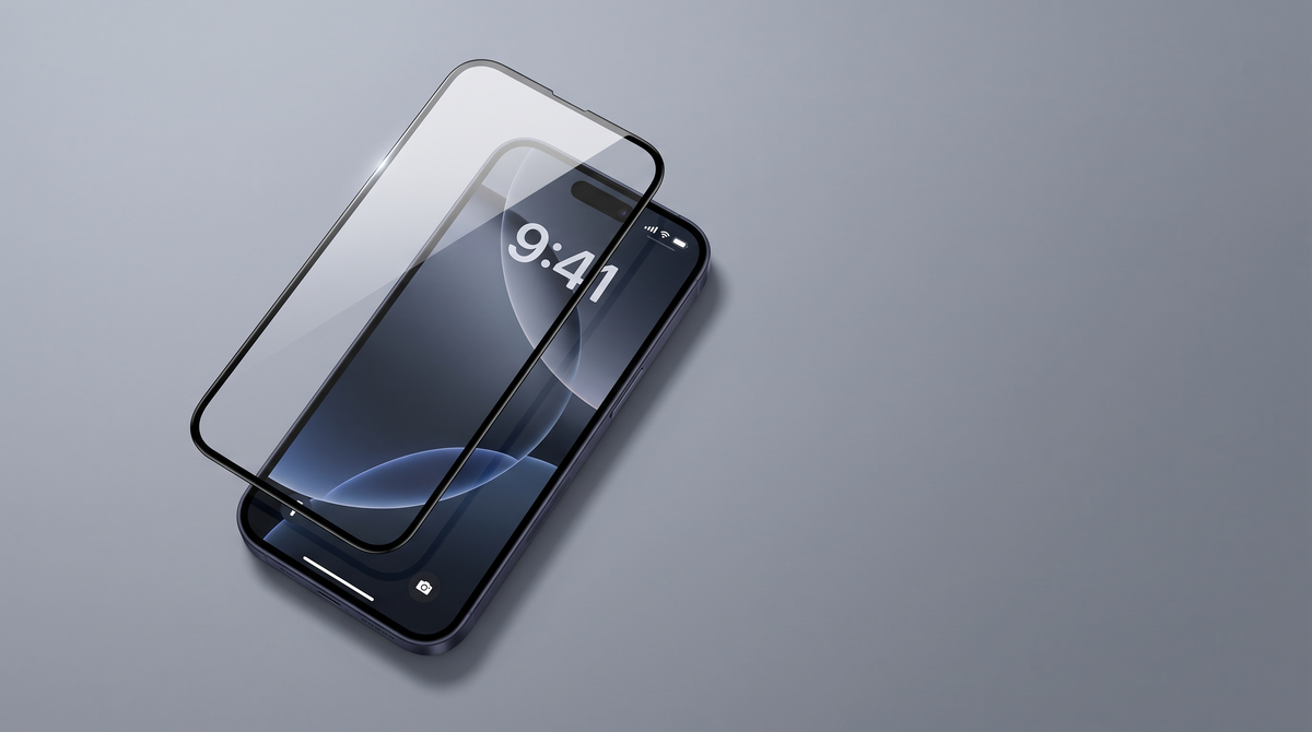 A single sheet of TORRAS tempered glass lifted a few centimetres clear of a Deep Blue iPhone, its thin black border catching the studio light while the phone's 9:41 lock screen stays fully visible through it