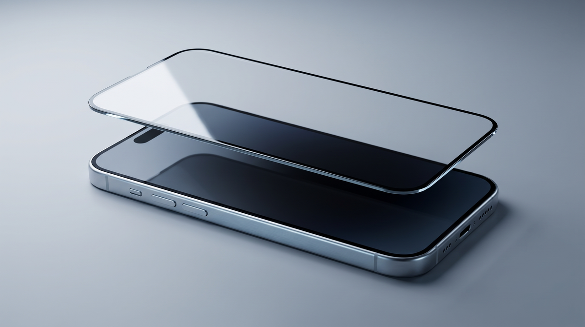 A clear tempered glass screen protector suspended in mid-air, perfectly aligned above the dark screen of a silver iPhone lying face-up on a cool grey studio surface