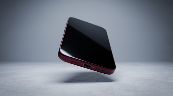 A Burgundy iPhone 18 Pro suspended just above a grey concrete floor, bottom edge first, the moment before it lands