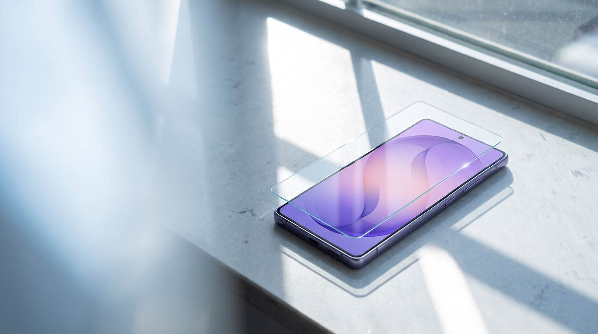 A Cobalt Violet Samsung Galaxy S26 Ultra on a sunlit stone windowsill with a clear anti-reflective glass screen protector hovering just above its display, the screen staying glare-free despite bright sunlight
