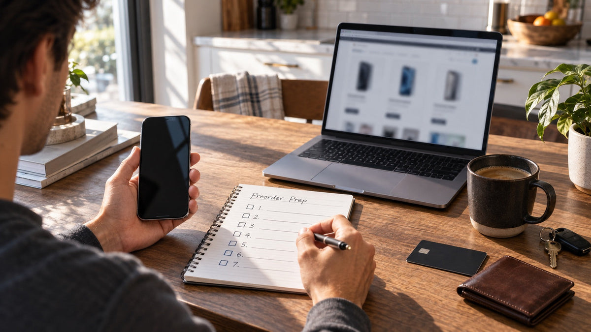 A shopper preparing an iPhone 18 preorder checklist at a kitchen table