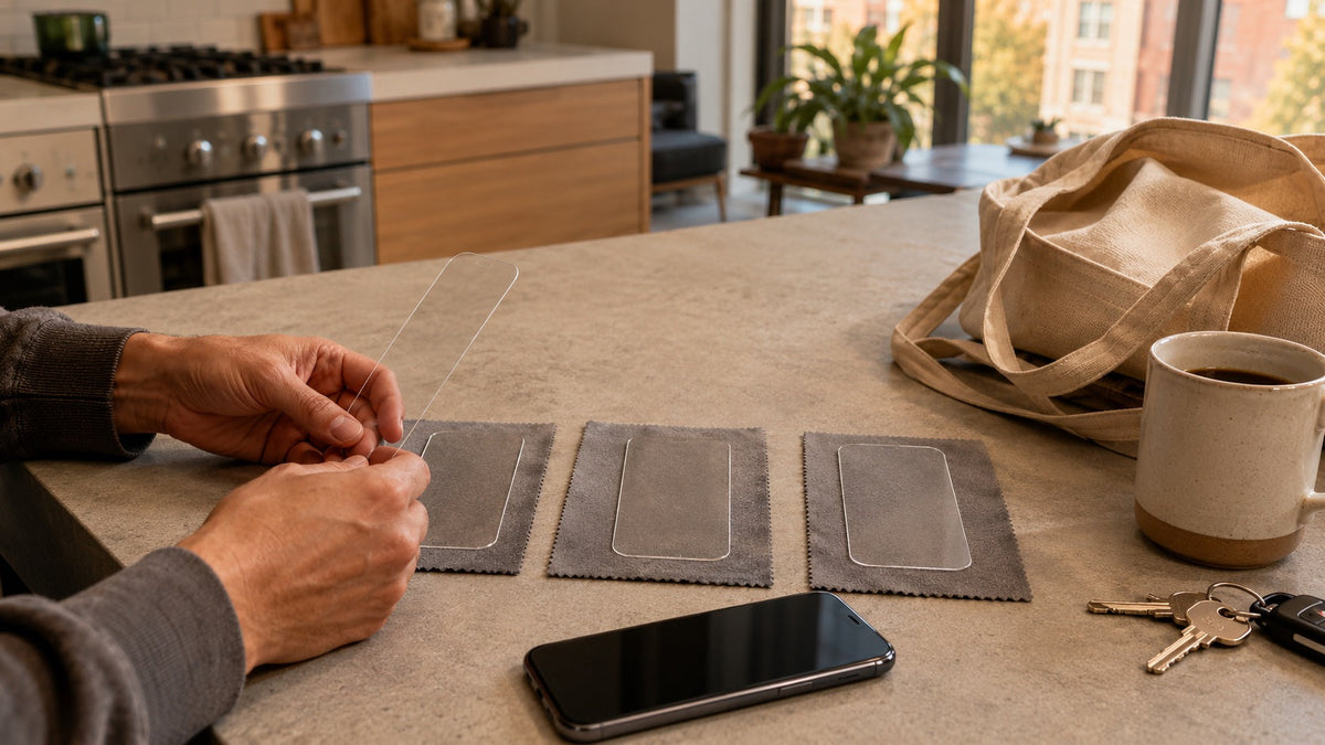A shopper comparing three screen protector samples beside a phone at home