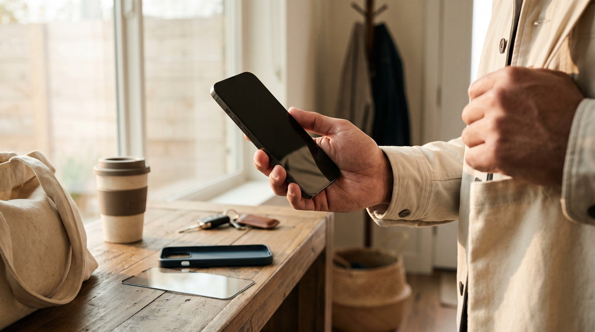 A commuter holds a large smartphone beside a slim case and clear screen protector before leaving home