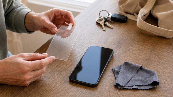 A shopper preparing a screen protector beside a phone at home before daily use