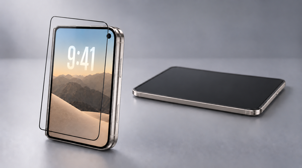 A closed Star White iPhone Duo standing on a grey studio surface with a clear tempered-glass screen protector lifted above its outer display showing 9:41, and behind it the same iPhone Duo lying open and flat with its inner display bare