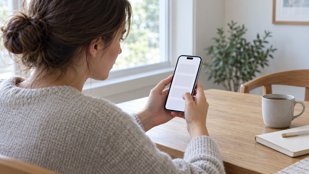 A person checking a white page on an iPhone beside a window in soft daylight.
