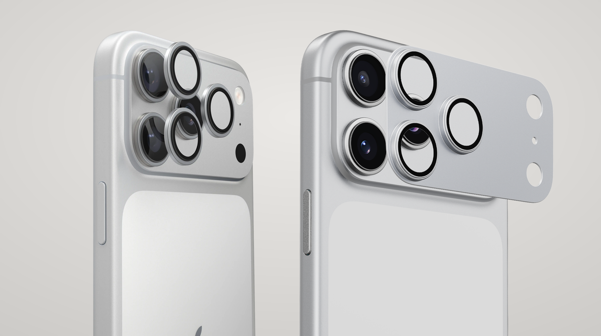 Two silver iPhone 18 Pro phones side by side: on the left, three TORRAS LensGuard lens rings being set onto the camera lenses one by one; on the right, a single TORRAS CameraGo plate lifting off the whole camera module