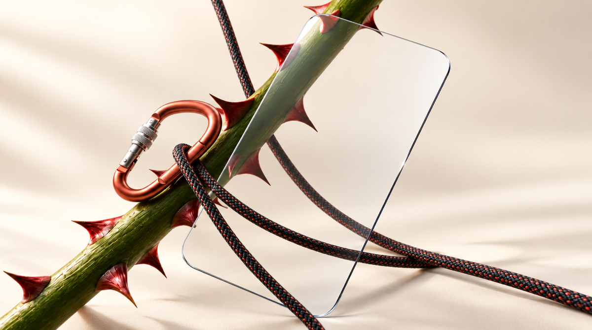 Clear Prime screen protector with a thorned stem, climbing rope and copper carabiner on an ivory background.