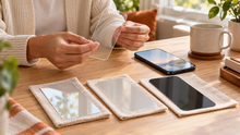 A shopper examines a clear screen-protector sample beside three other samples and a phone on a sunlit wooden table.
