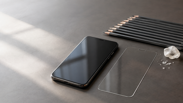 Smartphone, clear screen protector, graphite pencils, and quartz illustrating what 9H hardness means
