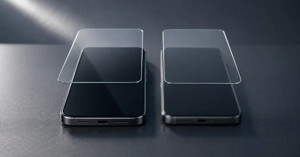 Two nearly matching clear screen protectors hovering above two generic smartphones